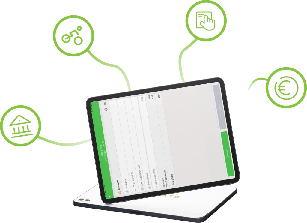 Tablette tactile affichant le logiciel de gestion des commandes, livraisons et paiements pour restaurant