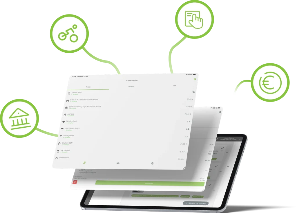 Tablette tactile affichant le logiciel de gestion des commandes, livraisons et paiements pour restaurant