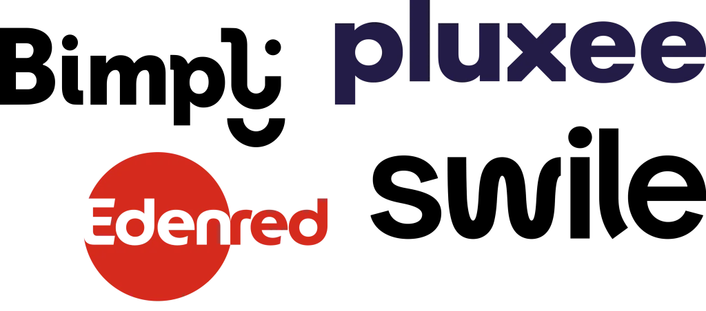 Logos des partenaires de paiement Edenred et Pluxee et bimpli et swile intégrés à la solution de commande en ligne Lyon Eats.